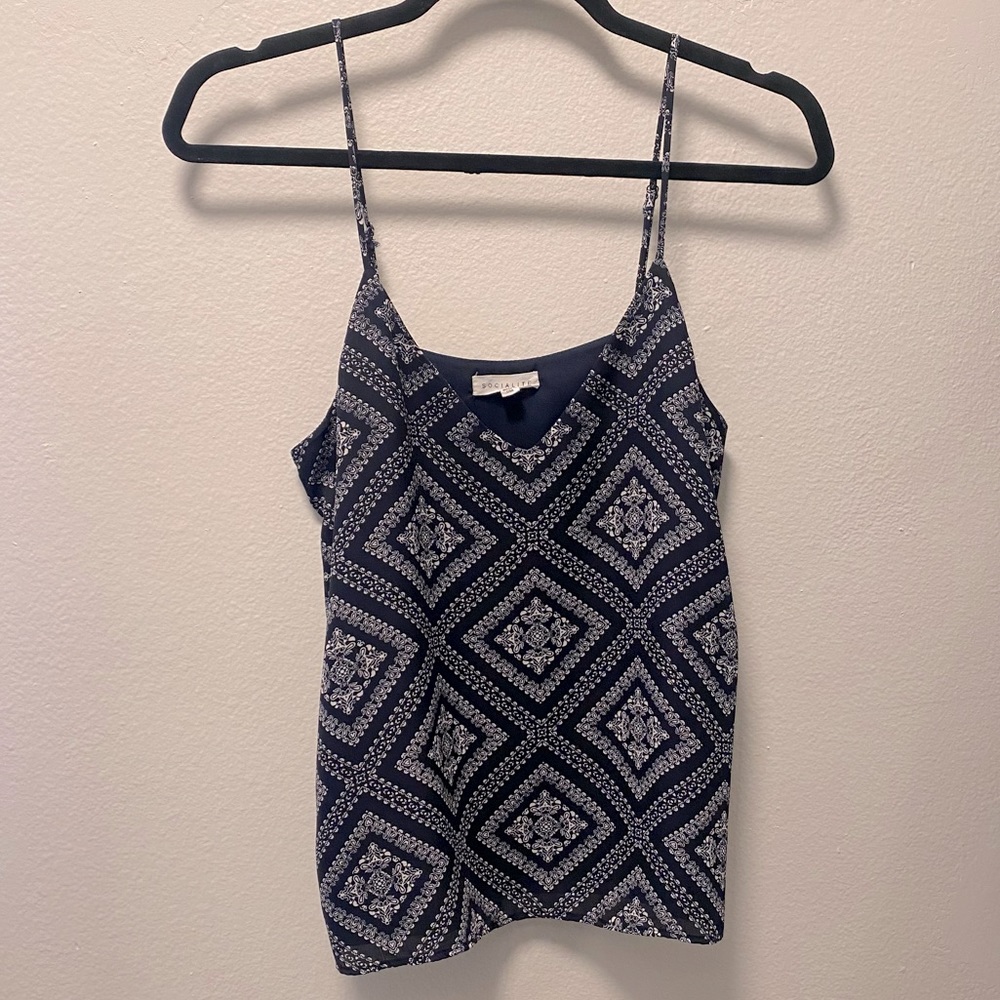 Socialite dark navy blue print adjustable straps tank top